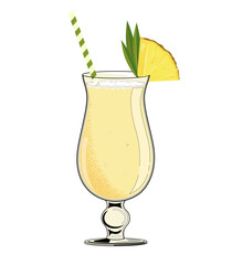 Pina Colada cocktail with pineapple slice. Hand drawn alcohol cocktail. Vector illustration