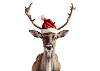 Reindeer in Santa's hat on a light transparent background. Christmas element.