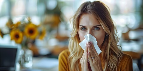 Young woman using tissue to alleviate cold symptoms or allergies in the office. Concept Cold Symptoms, Allergies, Office Lifestyle, Young Woman, Tissueая - obrazy, fototapety, plakaty