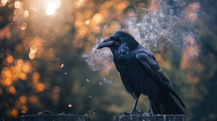 Naklejka premium Black crows in misty forest. Fantasy world. Crow and magic atmosphere