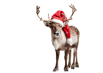 Reindeer in Santa's hat on a light transparent background. Christmas element.