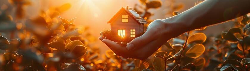 Visual representation of home energy efficiency, showcasing a stylized house being protected by two hands and bathed in warm sunlight to symbolize a sustainable living environment - obrazy, fototapety, plakaty