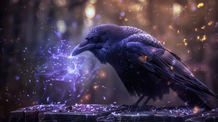 Naklejka premium Black crows in misty forest. Fantasy world. Crow and magic atmosphere
