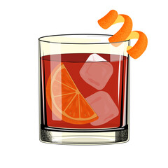 Negroni cocktail with ice cube and twist slice orange. Classic alcoholic drink. Retro style.