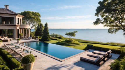 Fototapeta premium Mediterranean inspired villa with a sprawling garden and a private beach access in the exclusive Hamptons, New York