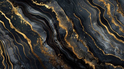 Abstract black agate background with golden veins, fake painted artificial stone, marble texture, luxurious marbled surface, digital marbling illustration - obrazy, fototapety, plakaty