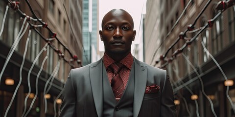 Among the city's hustle, an African American man showcases his fashion sense in a suave suit, embodying urban sophistication.