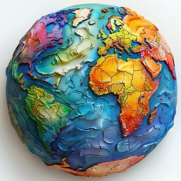An imaginative and colorful depiction of Earth in a claylike style, with a texture that adds depth and character to the continents and oceans