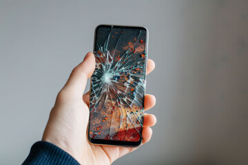 Smartphone with a broken screen in a hand first person view. AI generative