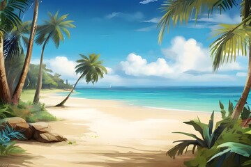 Fototapeta na wymiar palm trees on the beach, beach with palm trees, beach with palm trees ocean view summer background. Generated AI