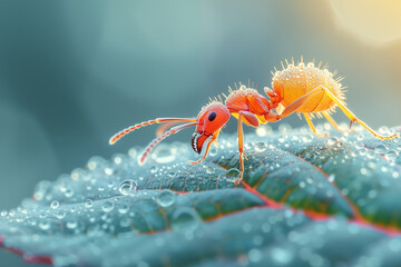 Illustration of the macro world, an ant exploring the world on a leaf full of dew