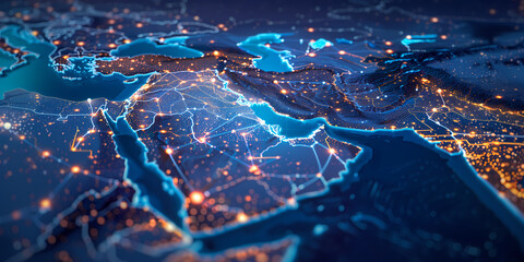 Abstract map of Saudi Arabia, Middle East and North Africa, concept of global network and connectivity, data transfer and cyber technology, information exchange and telecommunication - 774219950