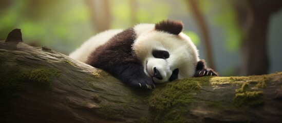 A panda bear peacefully napping on a thick tree branch amidst the lush greenery of a tranquil...