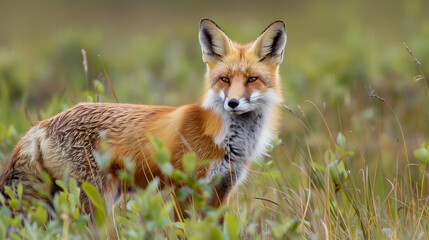 Fototapeta premium Wild red fox in Alaskan tundra. Green grass in nature.