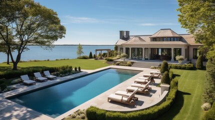 Mediterranean inspired villa with a sprawling garden and a private beach access in the exclusive Hamptons, New York