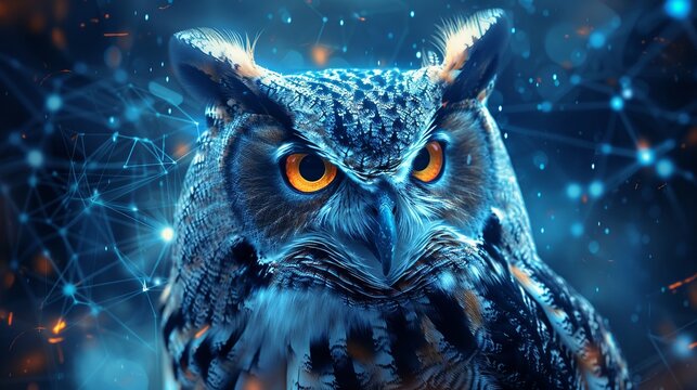 An artwork featuring an owl as an ancient symbol of wisdom and knowledge, set against a futuristic background that represents education in a modern way