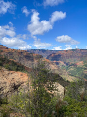 Fototapeta na wymiar Waimea Canyon in Hawaii, beautiful view with blue -sky and fantanstsian mountains, trail path