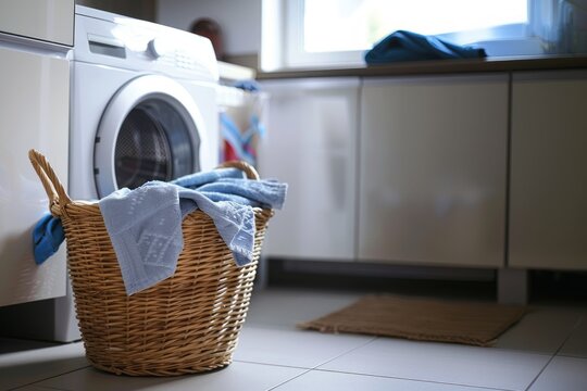 Modern laundry room with a laundry basket with clean clothes next to a white washing machine.