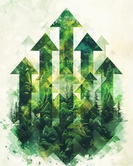 An artwork symbolizing sustainability and green development in business through a visual representation of interconnected upward arrows - obrazy, fototapety, plakaty