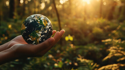Close-up photo of human hands holding earth globe. World Environment Day, Earth Day, enviromental issues, carbon footprint, environment, agriculture, ecology, gardening, seedling