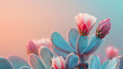 Close-up of a pink cactus flower in bloom with a soft-focus pastel-colored background.. - obrazy, fototapety, plakaty