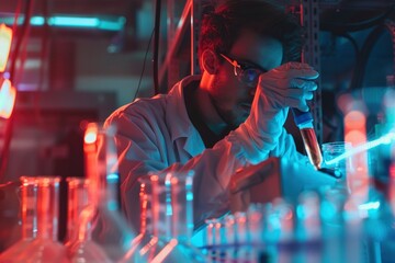 Caucasian man in a lab coat is looking at a test tube with a blue liquid in it - obrazy, fototapety, plakaty
