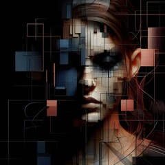 Fototapeta premium ai generated hyper realistic beautiful woman in a dark, moody atmosphere in the style of a SCI-FI thriller movie poster with abstract lines and geometric shapes
