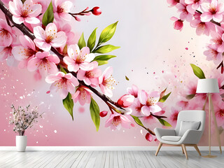 Spring greeting fresh blooming flower, leaves watercolor cherry blossom, holiday season wedding celebration design. floral frame, spring background banner. ai
