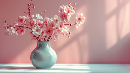 flower  Blossoms in Teal Vase on Blue Background