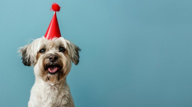 Cute dog with birthday hat celebrating birthday, close up, birthday concept.