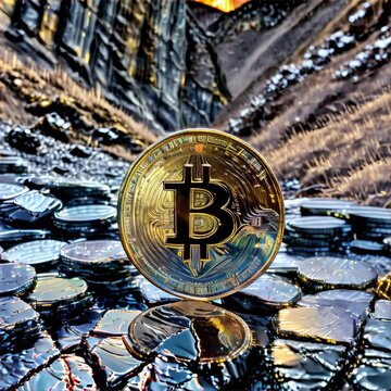 A vibrant image of a Bitcoin coin in a reflective digital landscape, embodying the dynamism of cryptocurrency. AI Generation