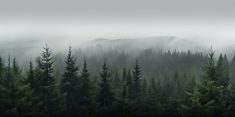 The dense forest is obscured by a veil of fog, creating an ominous ambiance.