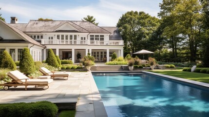 Fototapeta premium Mediterranean inspired villa with a sprawling garden and a private beach access in the exclusive Hamptons, New York