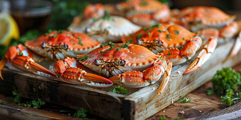 Fresh Cooked Crabs on Rustic Wooden Board. - obrazy, fototapety, plakaty