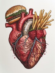 Illustrate the human heart anatomy incorporating fast food items such as burgers, fries, and soda to convey the concept of an unhealthy diet