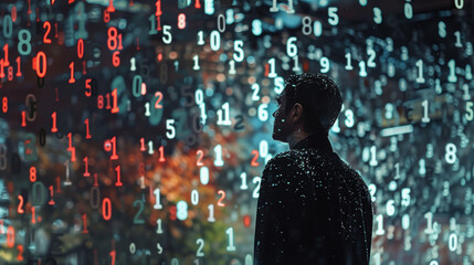 A person stands under a rain of digits, embodying the concept of the digital world and the potential provided by Big Data.