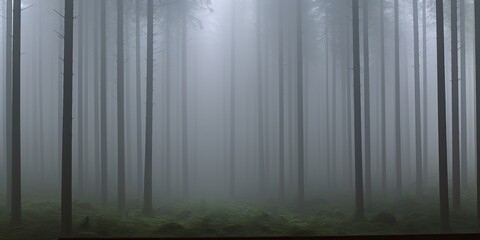 Amidst the trees, a dark and foggy forest looms ominously.