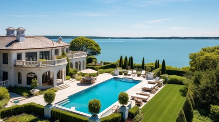 Obraz premium Mediterranean inspired villa with a sprawling garden and a private beach access in the exclusive Hamptons, New York