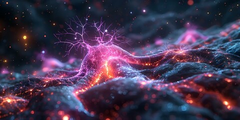 3D rendering of a neuron synapse illustrating cell biology. Concept Cell Biology, 3D Rendering, Neuron Synapse, Scientific Illustration