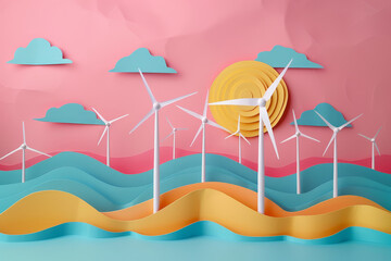 Beautifully crafted paper art landscape featuring wind turbines amid rolling hills, under a pastel...