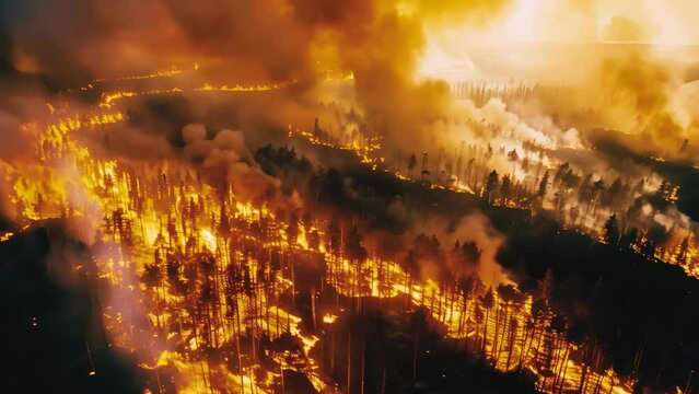 AI generative Clip Video of a large and terrifying forest fire The concept of natural disasters becoming larger because of climate change.