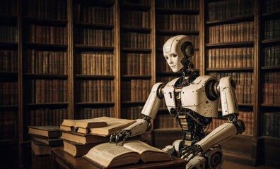 AI Robot readimg book in library