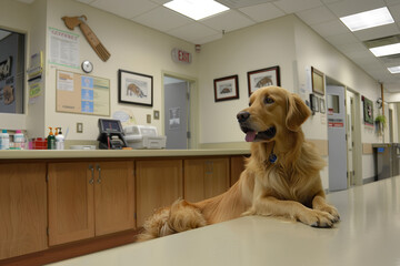 A calm golden retriever sits on the floor of a veterinary clinic, looking attentive and waiting for its check-up..