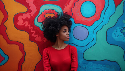 Portrait of a young woman with afro hair against a vibrant graffiti wall, wearing a red top,...