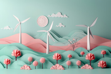 Fototapeta premium Beautifully crafted paper art landscape featuring wind turbines amid rolling hills, under a pastel sky at sunrise..