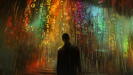 A person stands under a rain of digits, embodying the concept of the digital world and the potential provided by Big Data.