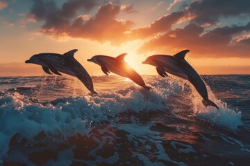 Three dolphins jumping out of the water in the ocean - obrazy, fototapety, plakaty