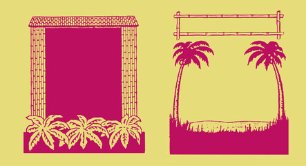 Two vertical tiki frames and borders, illustrated in a one color retro 1940's style - vintage matchbook, sign and menu graphic elements with a Hawaiian tropical luau  theme in yellow and magenta.