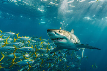 Close-up of a great white shark swimming through a bustling school of yellowtail fish in crystal...