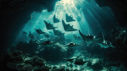 Fototapeta na wymiar A group of stingrays swimming in the ocean